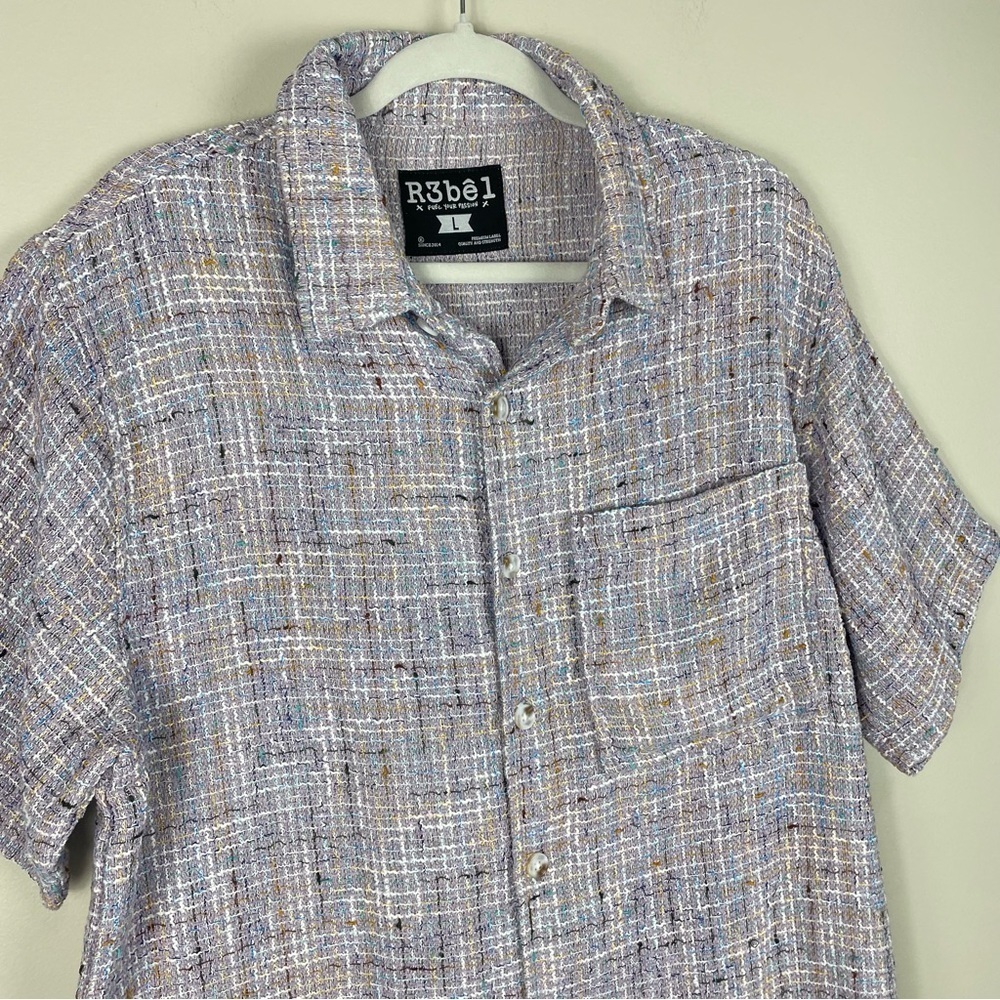R3bel Button Down Mens Large Short Sleeve Urban Shirt Top Knit Casual Purple - Picture 3 of 8